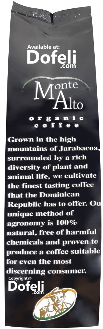 Dominican USDA Organic Monte Alto coffee with medium grind and chemical-free agronomy.
